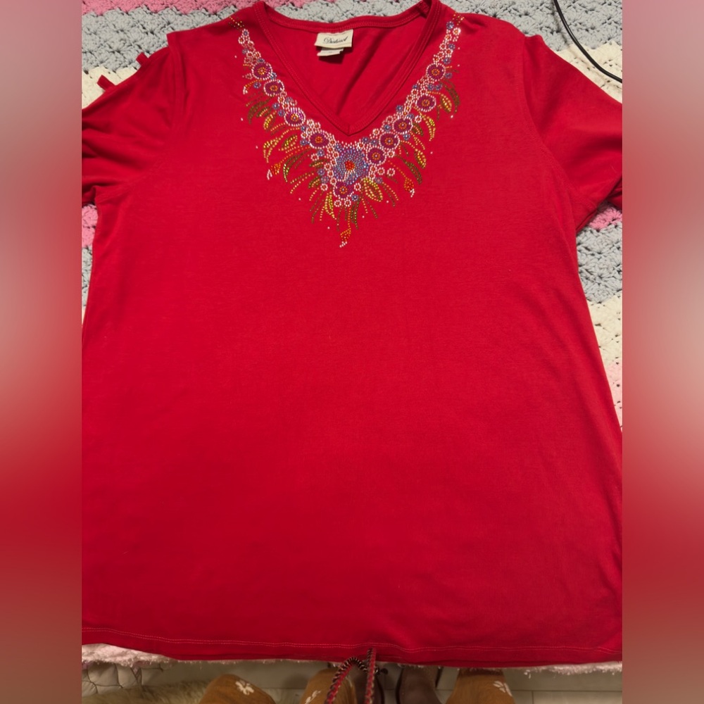 Red with hand embellished rhinestones V-Neck Tee with ladder sleeves. XL